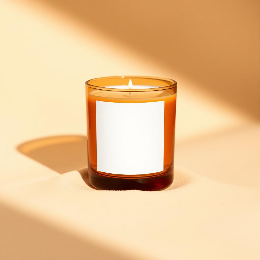 Créa produit : bougie en verre ambré sur fond beige